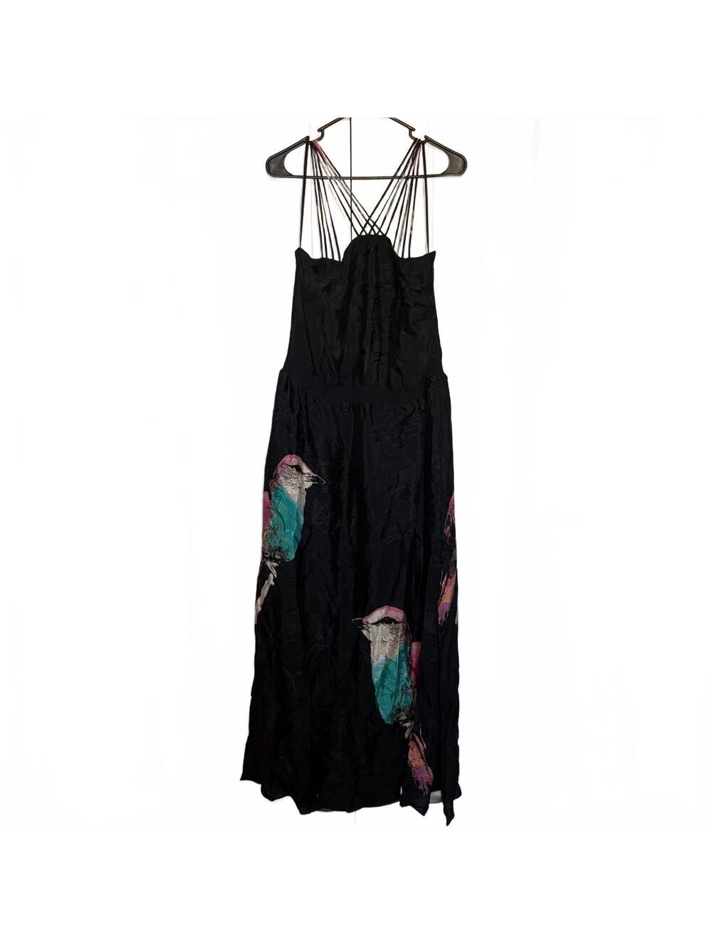 Anthropologie Leifsdottir Black Silk Maxi Dress with Bird Print